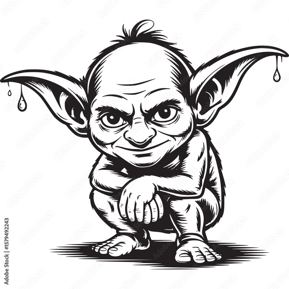 Poster detailed monochrome illustration of a crouching goblin with large ears and a sinister expression on 