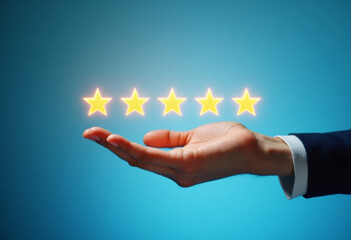 Hand Holding Five Golden Stars, Business Achievement, Professional Setting, Graphic Design, Positive Feedback