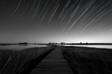 Serene Dawn Over Tablas de Daimiel: Long Exposure Star Trail Reflecting in a Tranquil Lake Landscape