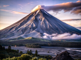 Fototapeta premium Majestic mountain peak at sunrise or sunset. Serene natural landscape with clouds and mist. Dramatic view for travel blog.