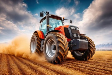 Red tractor plowing a dusty field under dramatic cloudy skies