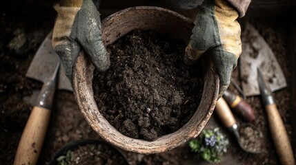 Fototapeta premium First-Person View of Mixing Potting Soil and Compost with Gardening Tools