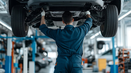 Automotive technician examining vehicle undercarriage, performing repair work in a garage. Car maintenance concept. Working with gloves.