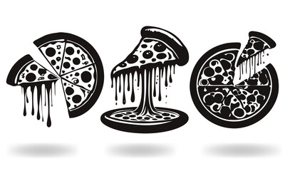 Black and White Melting Pizza Slice Illustrations Vector Art Set