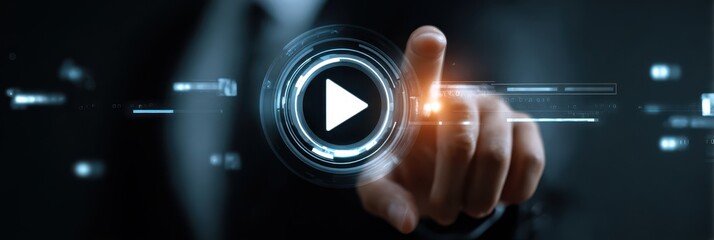 Interactive Streaming Button - Businessman Engaging with Online Media on a Futuristic Virtual Screen