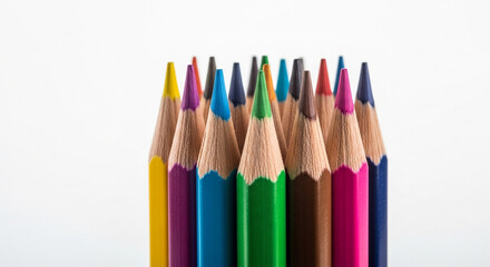 A group of colorful pencils are arranged together, isolated on white background, showcasing a spectrum of vibrant hues for art and educational purposes
