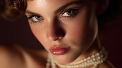 Close-up portrait of a young woman's face. she has a serious expression with her eyes looking directly at the camera. her hair is styled in loose curls and falls over her shoulders.
