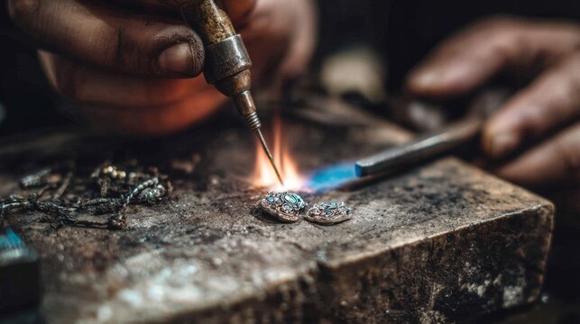 Jeweler Crafting Silver Detail with Mini Hammer and Flame Torch