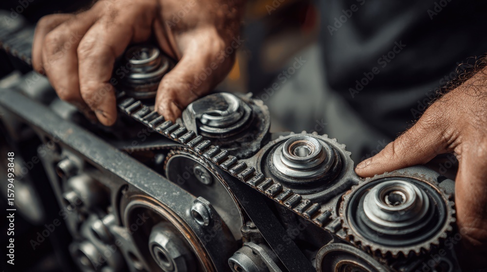 Poster mechanic adjusting timing belt with pulleys and tension tools in use