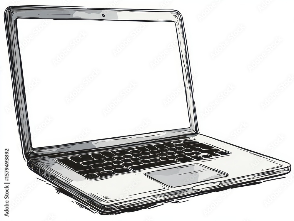 Fototapete minimalist laptop outline. hand-drawn sketch of open notebook with blank display in line art style