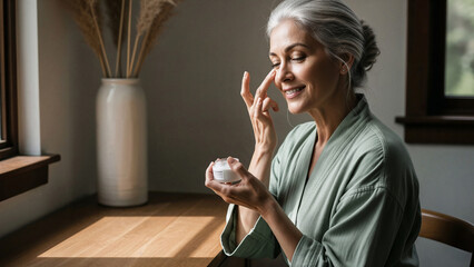 Smiling mature woman applying facial cream sitting by a bright window, self-care skincare routine at home with soft natural light, healthy aging and beauty lifestyle concept