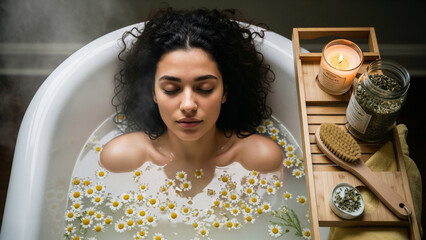 Relaxed woman with closed eyes enjoying bath with chamomile flowers, peaceful spa experience with candle aromatherapy in tub, wellness relaxation and self-care serene retreat concept