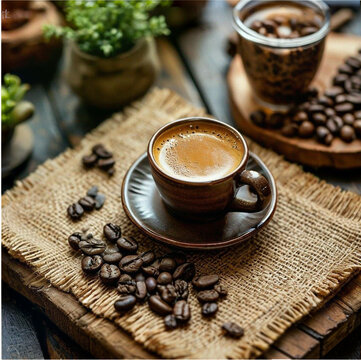 fragrant hot espresso coffee on the table in an old cozy coffee shop