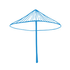 Blue beach umbrella in doodle style. Vacation vector hand drawn illustration