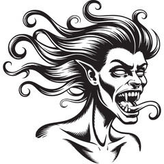 Monochrome illustration of a vampire with long curly hair and a protruding tongue in black and white on transparent background