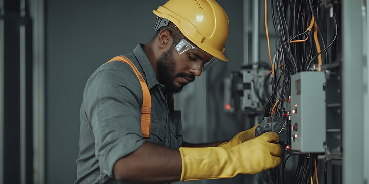 Electrician works on electrical panel. He is wearing protective gear, hardhat, gloves, and safety glasses. Cables and equipment are in background.