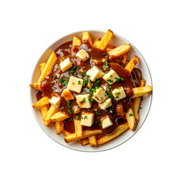 Delicious poutine dish with cheese curds and gravy hot on transparent background