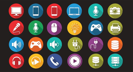 Diverse set of communication and contact icons in flat design style with long shadows. Includes phone, message, email, global network, user profiles, and home symbols, ideal for web and app interfaces
