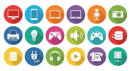 Diverse set of communication and contact icons in flat design style with long shadows. Includes phone, message, email, global network, user profiles, and home symbols, ideal for web and app interfaces