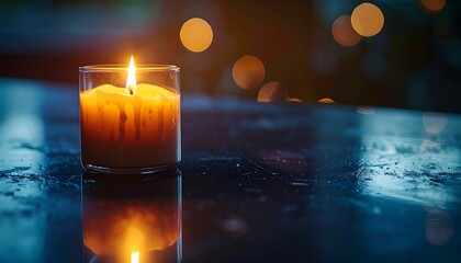 Soft Candlelight Reflection on Polished Dark Surface Serene Respectful