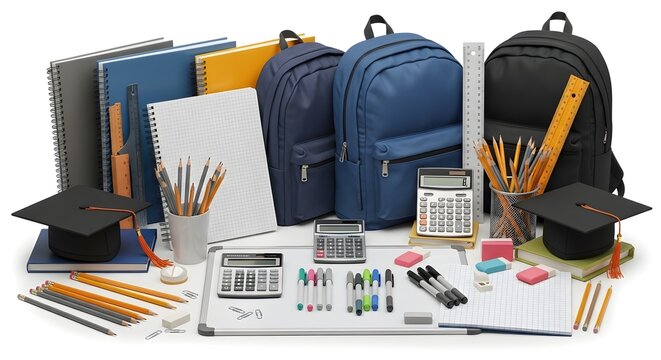 A collection of school supplies, including backpacks, notebooks, and writing instruments, neatly arranged for education.