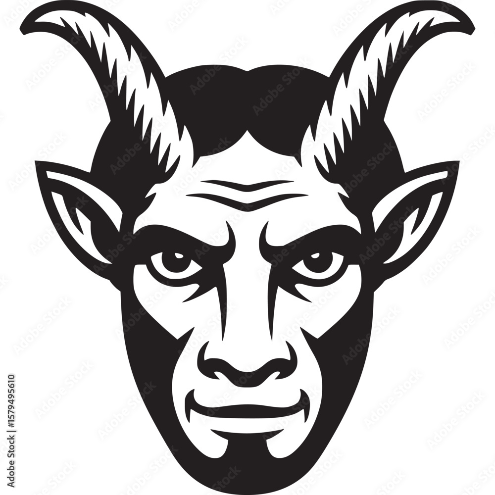 Poster black and white graphic illustration of a devil face with horns and sharp features in vector format 