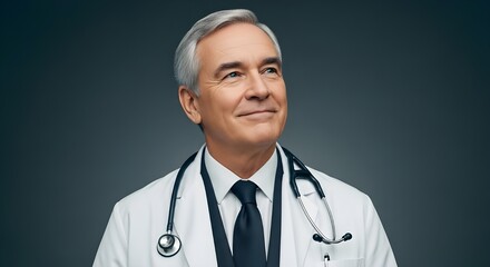 Confident Senior Male Doctor Looking Up - Experienced Healthcare Professional Portrait