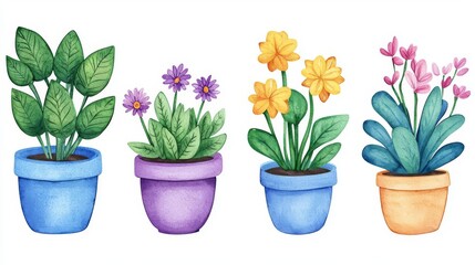 A vibrant collection of potted plants showcasing various flowers and greenery in colorful pots.