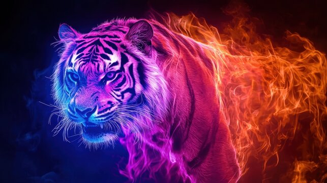 Vibrant tiger emerging from flames with a striking mix of colors in a dark background