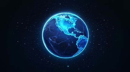 Fototapeta premium Stunning 3D representation of the Earth, illuminated by blue light against a starry background for a cosmic effect.
