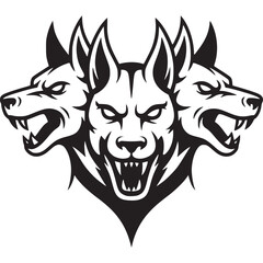 A black and white illustration of a three headed dog with sharp teeth and pointed ears snarling fiercely on transparent background