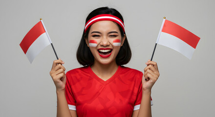 Cheerful Indonesian woman celebrates, holding flags, painted face.