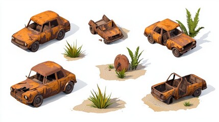 Fototapeta premium Collection of rusty, abandoned cars in a desert setting with scattered vegetation and sandy terrain.