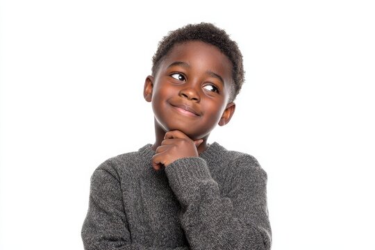 Joyful African American Boy Reflecting on Learning with Bright Smile Against a Clean White Backdrop - Powered by Adobe