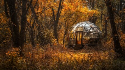 Unique geodesic dome cabin nestled in vibrant autumn forest surrounded by colorful foliage during a tranquil afternoon