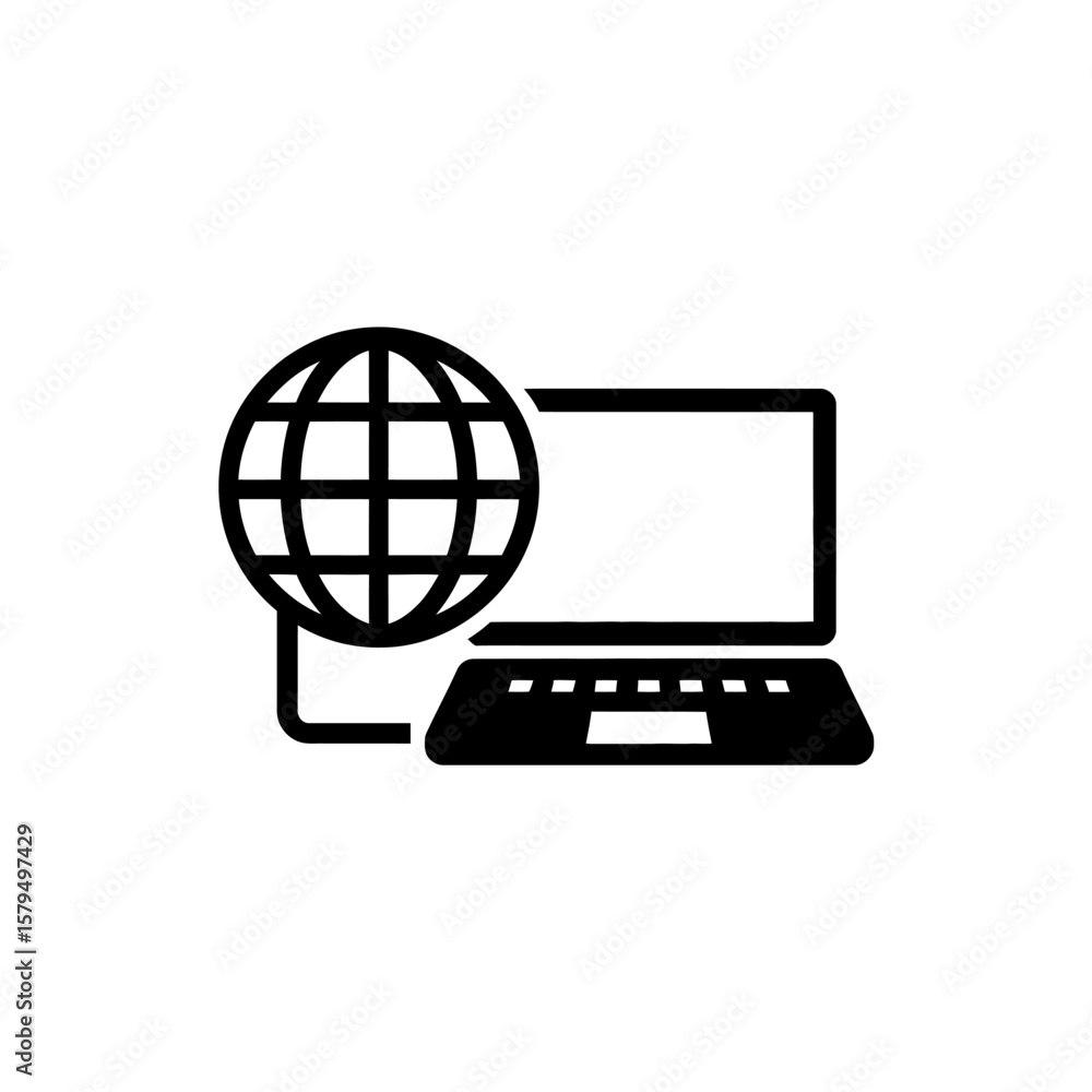 Poster iconic representation of global network connection computer laptop technology and internet usage con