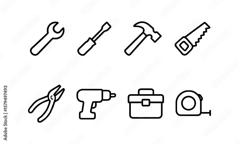 Poster minimalist tool icons: set of hand tools in linear style for diy and construction