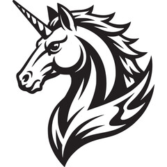 Isolated black and white unicorn head with a prominent horn in a stylized vector design art style on transparent background