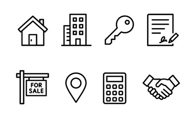 Naklejka na ściany i meble Real estate icons set: house, building, key, contract, for sale, location, calculator, handshake in linear style