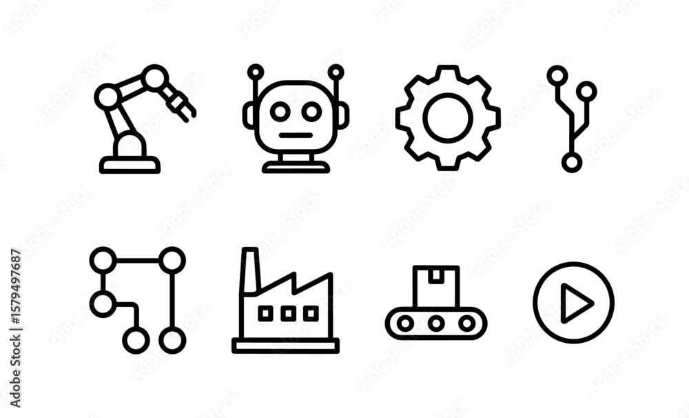 Poster minimalist icons of robotics and automation featuring robots, gear, and factory elements