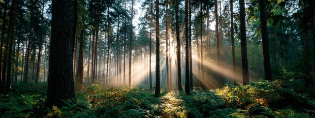 Beautiful rays of sunlight in a green forest shining through trees and tree branches. Concept of new beginning and spirituality.