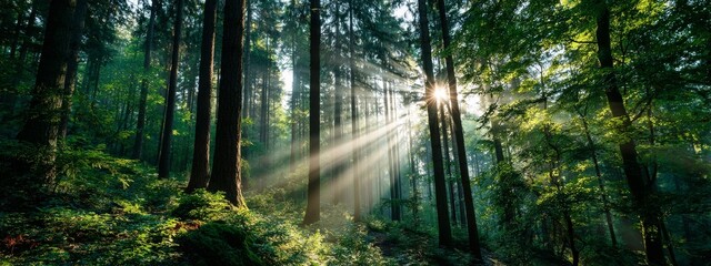 Obraz premium Beautiful rays of sunlight in a green forest shining through trees and tree branches. Concept of new beginning and spirituality.