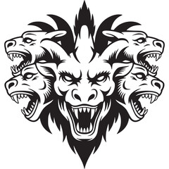 A monochrome illustration of a mythical hydra creature with multiple canine heads and sharp teeth showing on transparent background