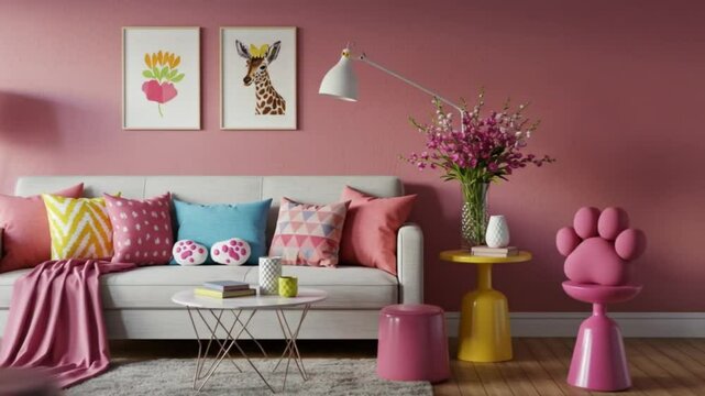 Modern interior boasts a stylish sofa, colorful pillows, and whimsical decor in a charming pink room