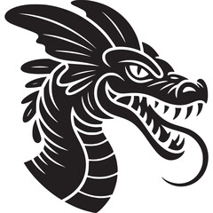 A black and white illustration of a stylized dragon head with an open mouth and sharp teeth design on transparent background