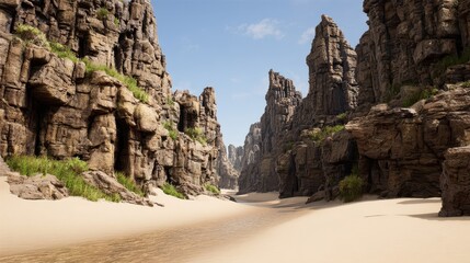 Rocky canyon with sandy riverbed under a clear sky.