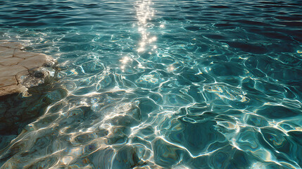 Ripple water texture on a white background. Shadow of water on sunlight. Marble blue water surface as wallpaper background. Sunlight effect on water surface. Natural summer background.