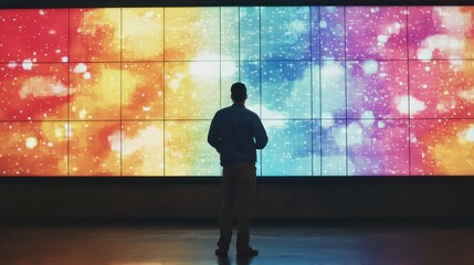 Man Contemplating Colorful Abstract Display of Data and Information