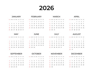Calendar 2026 simple minimal design. Week starts on Sunday. Planner design template, desk calendar 2026 year, wall calendar 2026, print media, advertisement, printing, stationery, office