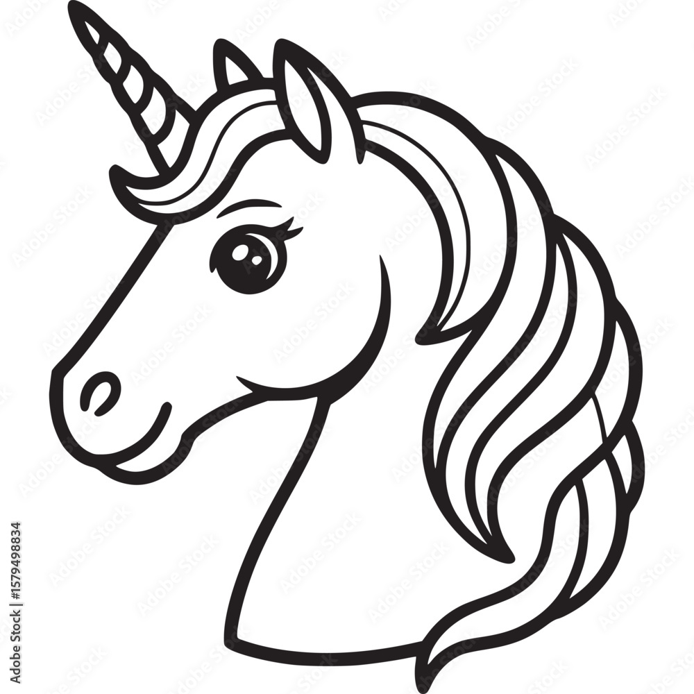 Poster a simple black and white line drawing of a unicorn head with a horn and flowing mane on a white back